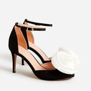 Crew Collection Rylie Rosette Open Toe Satin Heels Black White Italy 6.5